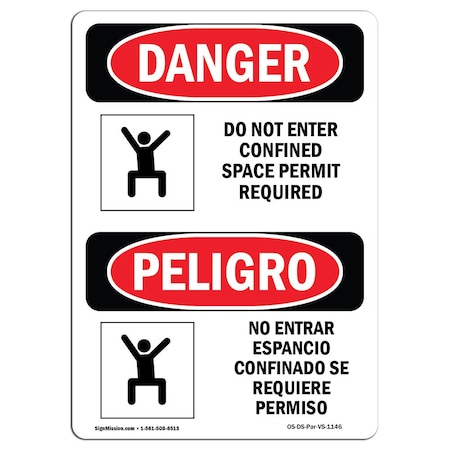 OSHA Danger, Do Not Enter Confined Space Bilingual, 5in X 3.5in Decal, 10PK